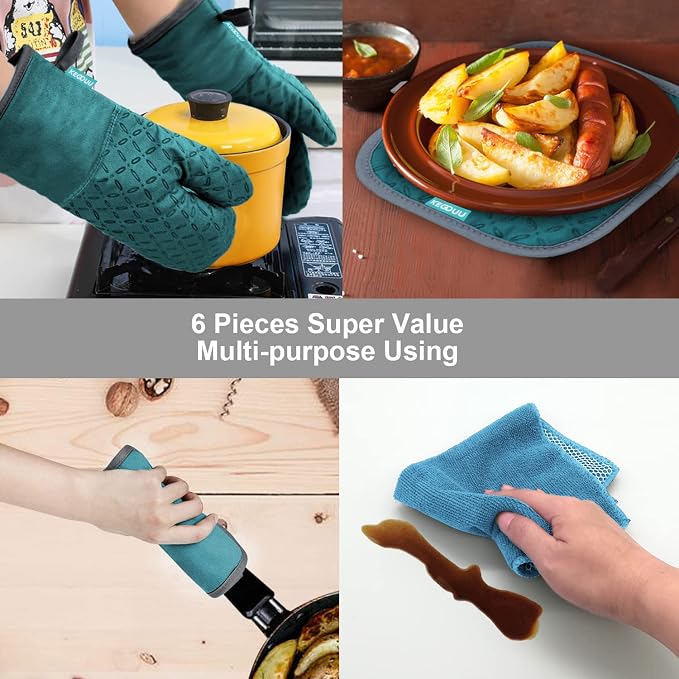 KEGOUU Oven Mitts and Pot Holders 6pcs Set, Kitchen Oven Glove High Heat - Image 7