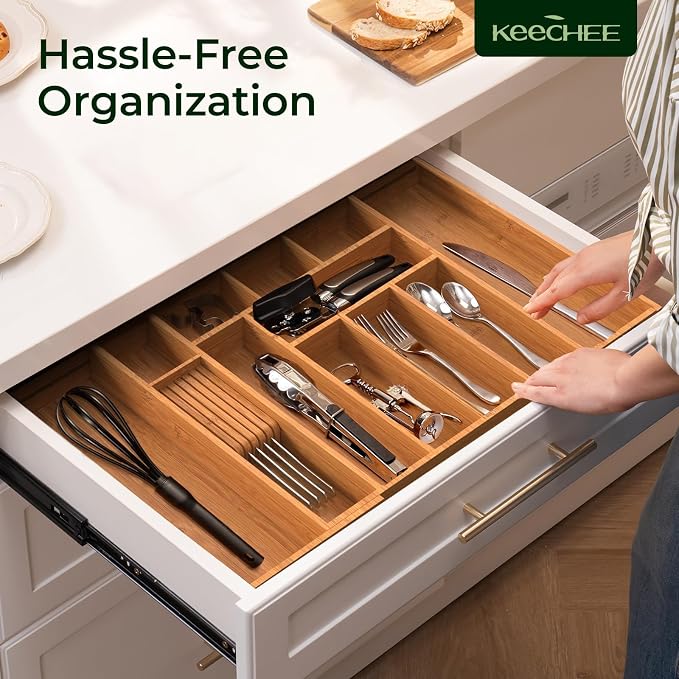 keechee Carbonized Large Bamboo Kitchen Drawer Organizer, 12 Slots Expandable - Image 9