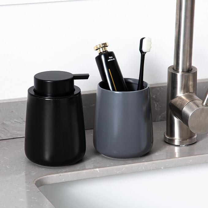 Enra Black Soap Dispenser, 12 oz Ceramic Hand Lotion Dispenser, Refillable Dish - Image 7
