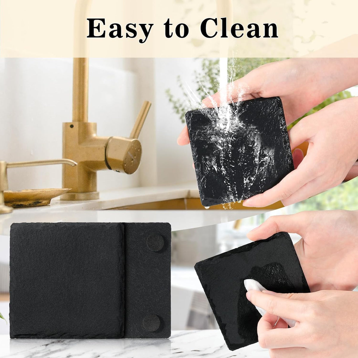 4 Inch Square Black Slate Stone Drink Coasters Set of 12