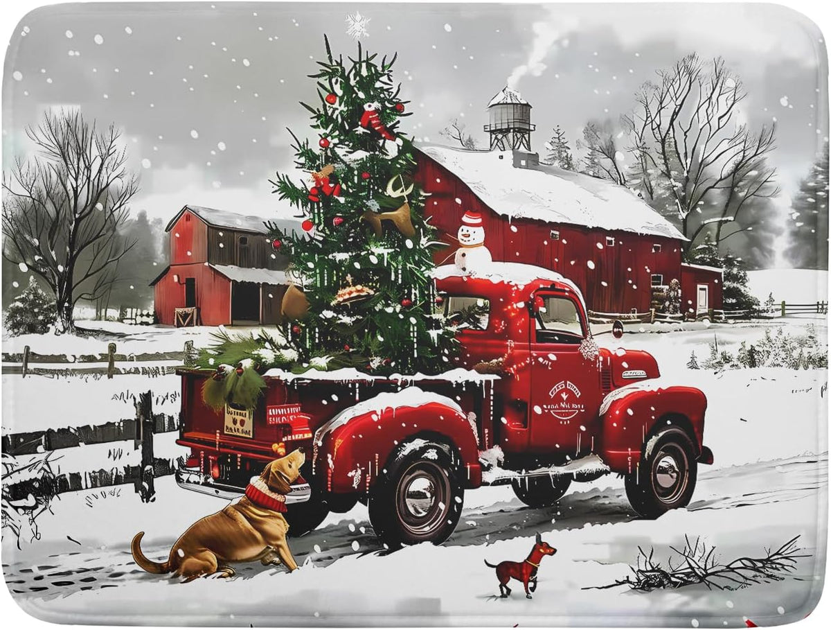 Red Truck Christmas Dish Drying Mat for Kitchen Counter 18x24 Inch