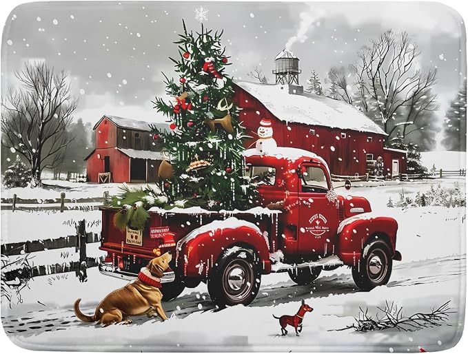 Red Truck Christmas Dish Drying Mat by Aytipun