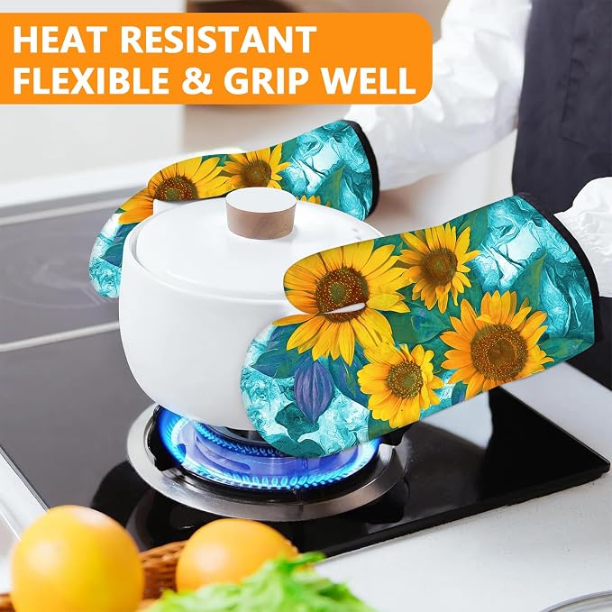 Sunflower Oven Mitts and Pot Holders Sets 4Pcs, Extra Long Oven Gloves Potholder - Image 6