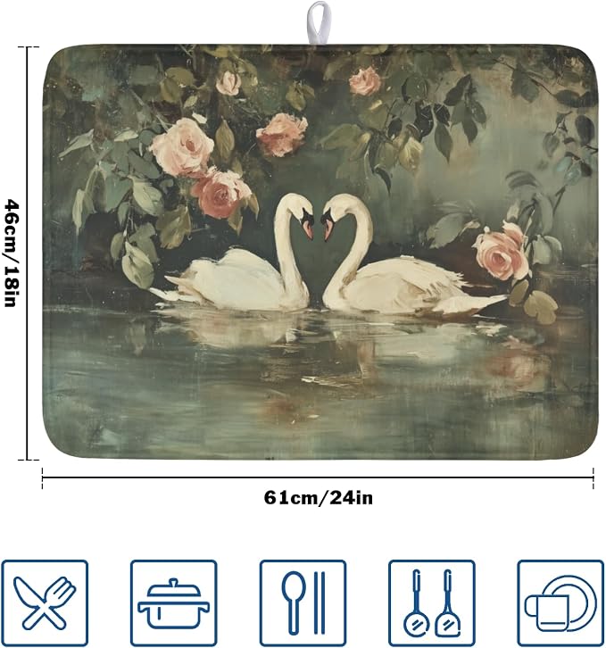 Swans Dish Drying Mat 24x18 Inch, Wildlife Aesthetic Dish Drainer Mats Summer - Image 2