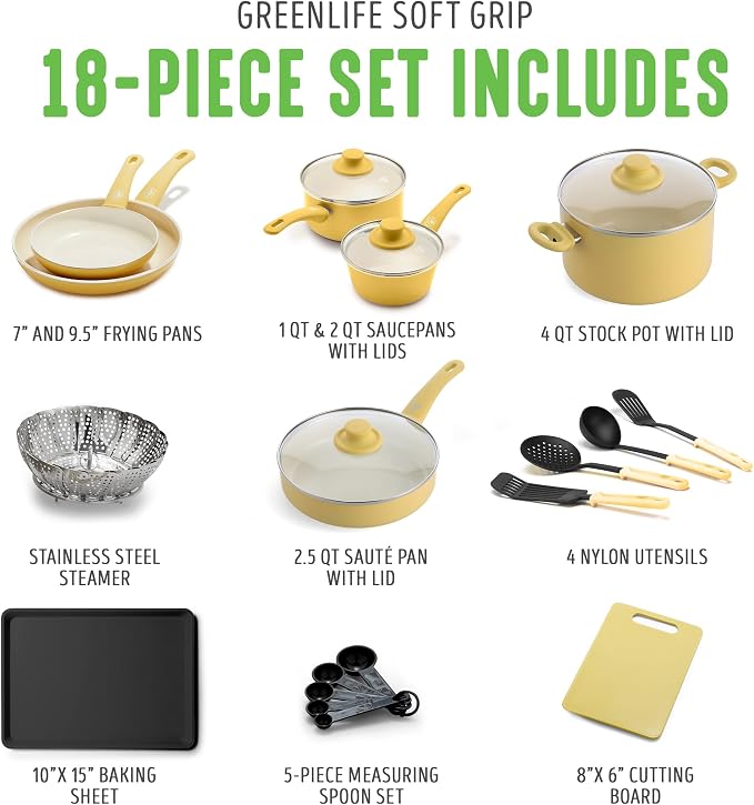 GreenLife Soft Grip Healthy Ceramic Nonstick 18 Piece Kitchen Cookware Pots and - Image 3