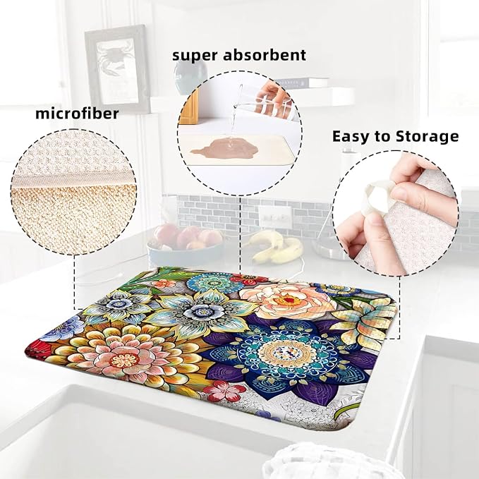 Boho Drying Mat 16" X 18" Boho Flower Kitchen Counter Stone Large Dish Drying - Image 5