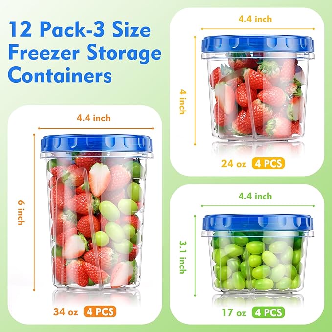 BiuLeon 12 Pack- 34/24/17oz Freezer Storage Containers, Plastic Food Storage - Image 2