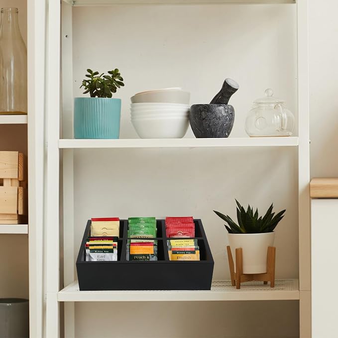 Tea Bag Box Wood Black 6 Compartments Tea Bag Organizer Drawer Storage - Image 3