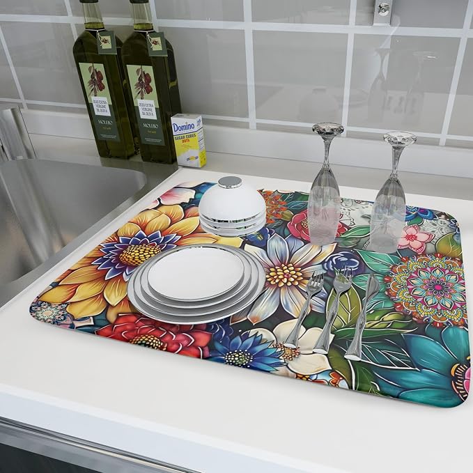 Boho Floral Dish Drying Mat for Kitchen Counter 18x24 Inch Super Absorbent - Image 6