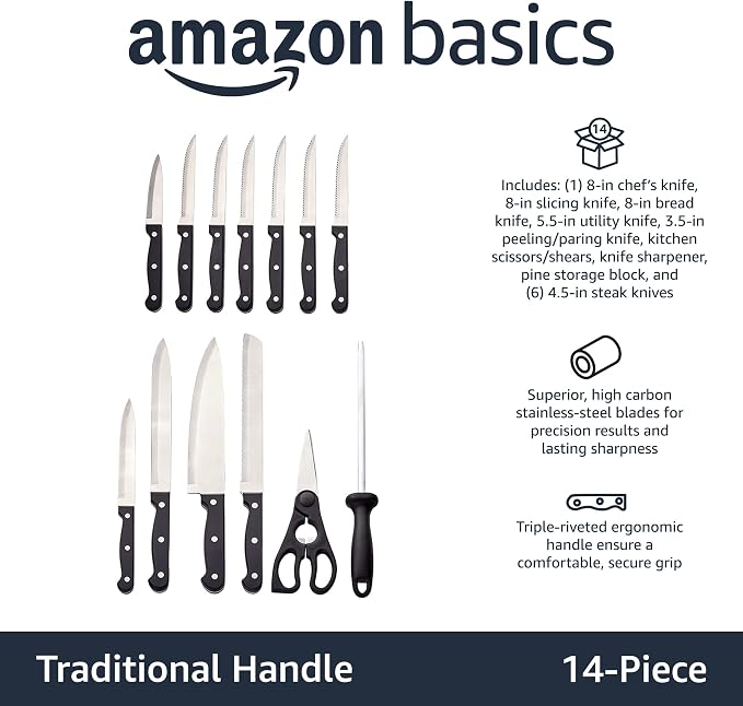 Amazon Basics 14-Piece High Carbon Stainless Steel Kitchen Knife Set - Image 2