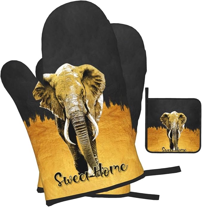 Elephant Oven Mitts and Pot Holders Sets of 3 Black Gold Hot Pads Oven Gloves - Image 2