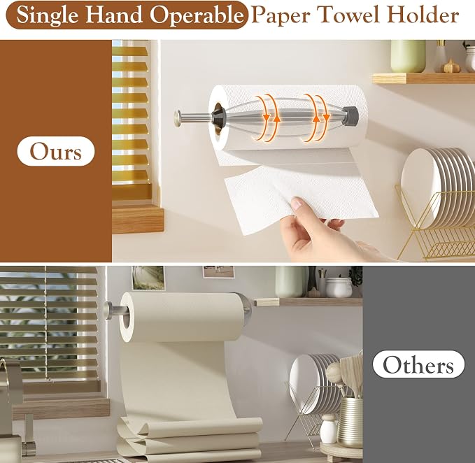 Paper Towel Holder Under Cabinet + Towel Robe Hooks, Single Hand Operable Under - Image 2