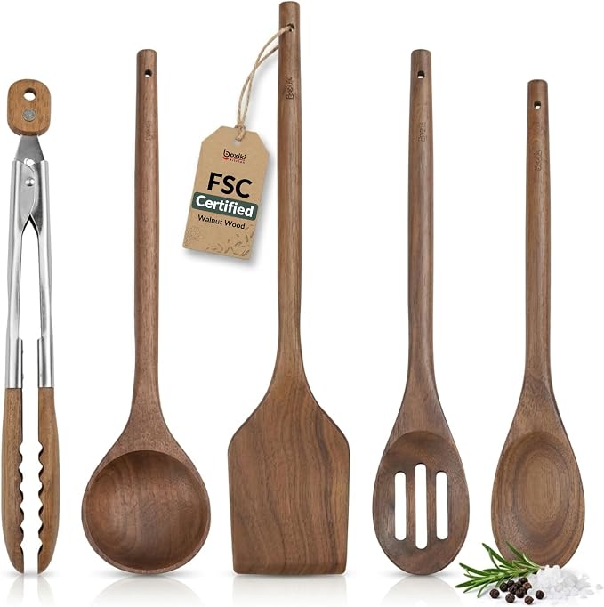 Elegant 5-Piece Walnut Wood Kitchen Utensil Set – Non-Scratch, Heat-Resistant by Boxikikitchen
