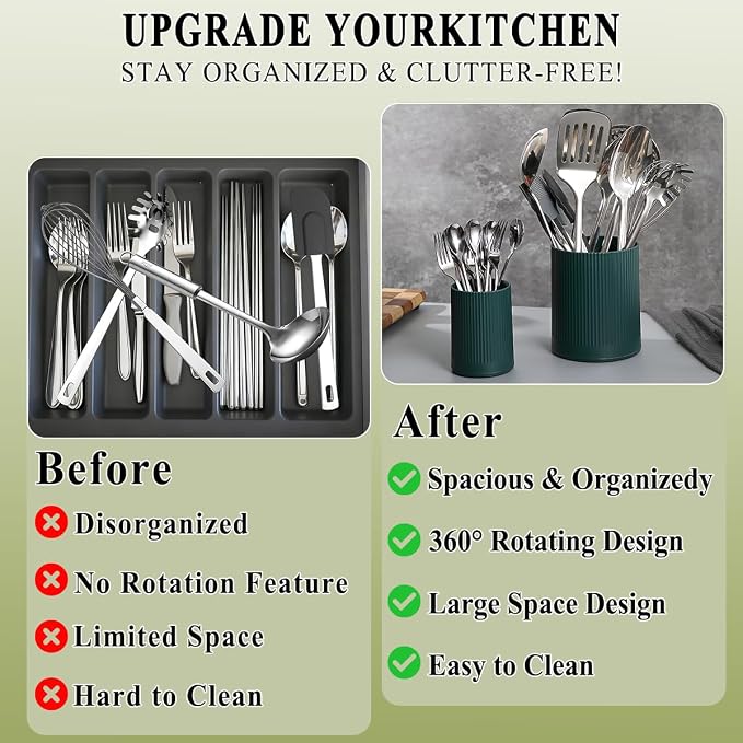 HOMQUEN 360° Rotating Utensil Holder, 6.3''+4.7'' Plastic Kitchen Utensil Holder - Image 4