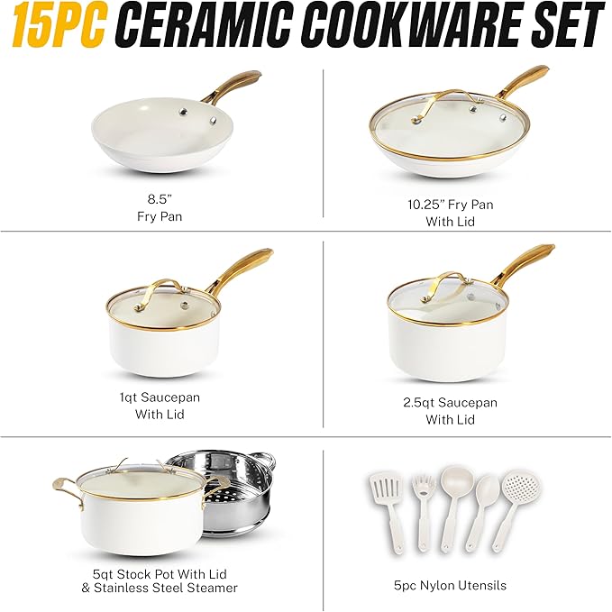 Gotham Steel 15 Pc Ceramic Cookware Set, Ceramic Pots and Pans Set Non Stick - Image 2