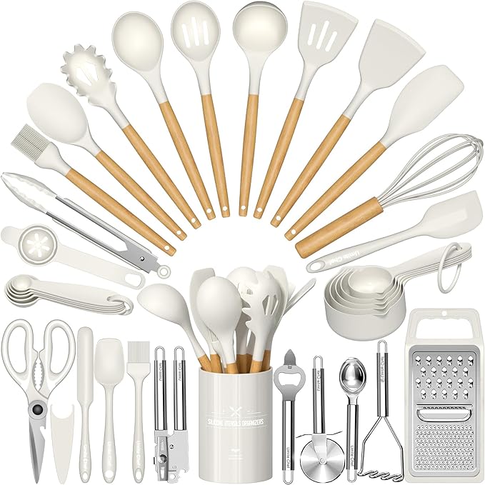 Umite Chef Silicone Kitchen Utensil Set, Cream White Wood Handles by UmiteChef