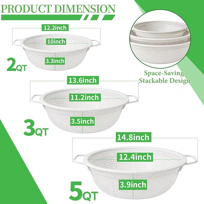 Colander Set with White Coating, Stainless Steel Micro-Perforated Colanders - Image 2