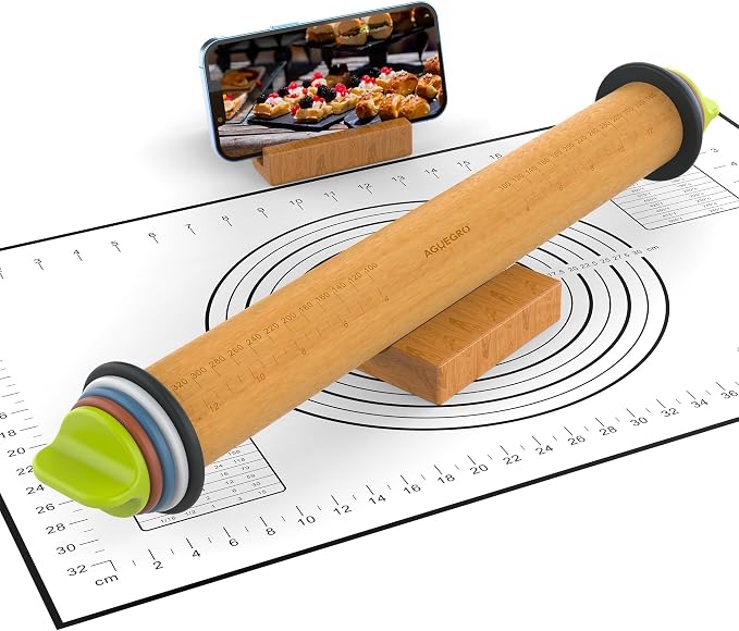 Rolling Pin with Adjustable Thickness Rings and Pastry Baking Mat Dough by Aguegro