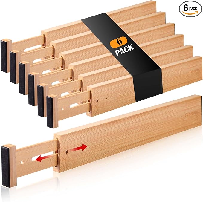 Fabsome Drawer Divider 6 Pack, Bamboo Kitchen Dividers Organizers Adjustable by Fabsome