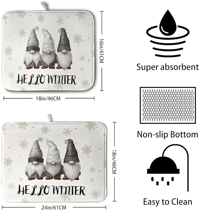 Winter Gnome Dish Drying Mat for Kitchen Counter 16x18 Christmas Snowflakes - Image 2