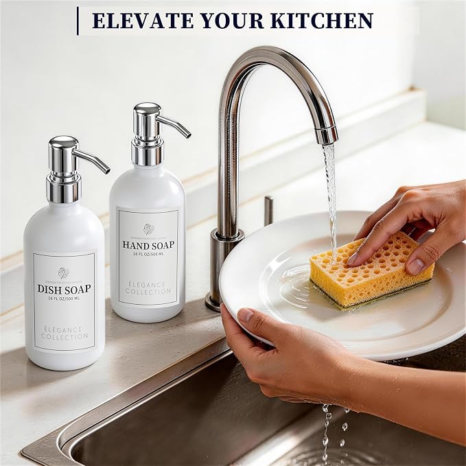 White Glass Soap Dispenser Set of 2, 16oz Hand and Dish Soap Dispenser - Image 6