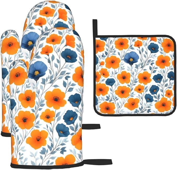Spring Orange Blue Floral Oven Mitts and Pot Holders Sets of 3, Heat Resistant by Unknown