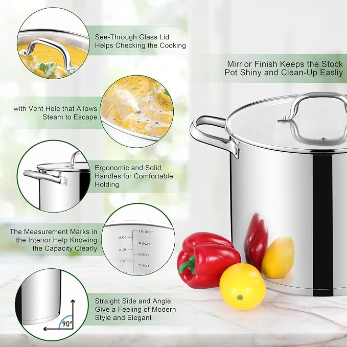 TeamFar 10QT Stock Pot, Stainless Steel Large Soup Cooking Pot & Lid - Image 4