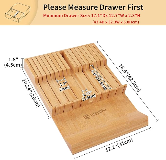 Utoplike In-drawer Knife Block Bamboo Kitchen Knife Drawer Organizer Large - Image 3