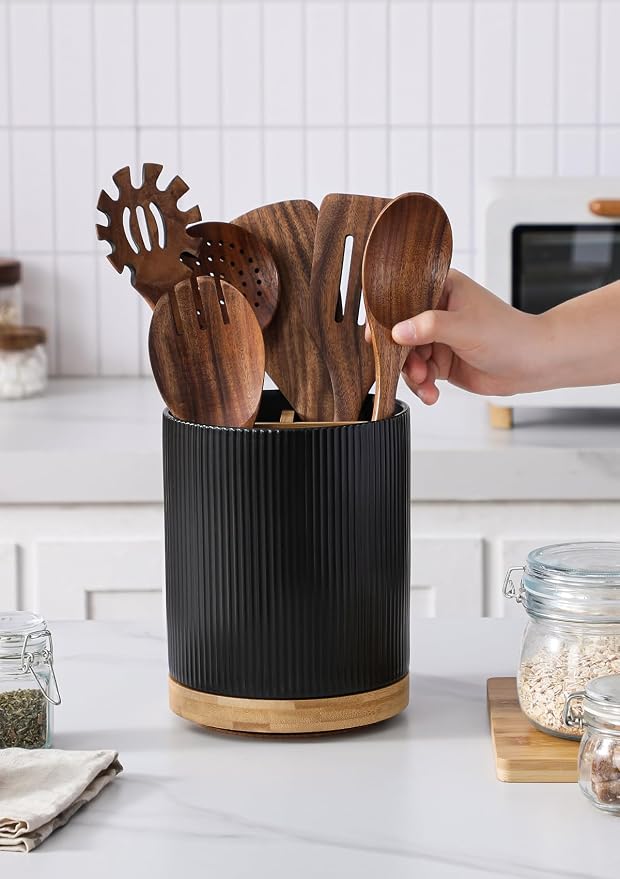 LoeJan 3 Compartment Utensil Holder, Extra Large Utensil Crock, Stable Ceramic - Image 4