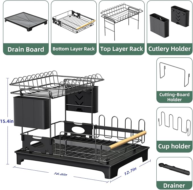 2-Tier Dish Rack with Drainboard: Large Capacity Anti-Rust Kitchen Counter - Image 3