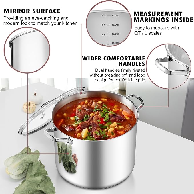 TeamFar 20QT Stock Pot, Stainless Steel Stockpot Large Induction Cooking Pot - Image 3