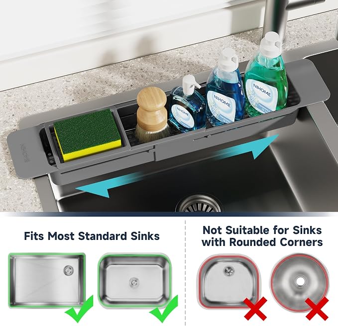 NiHome Extendable Sink Kitchen Organizer, Extra Long Telescopic Brush Storage - Image 5