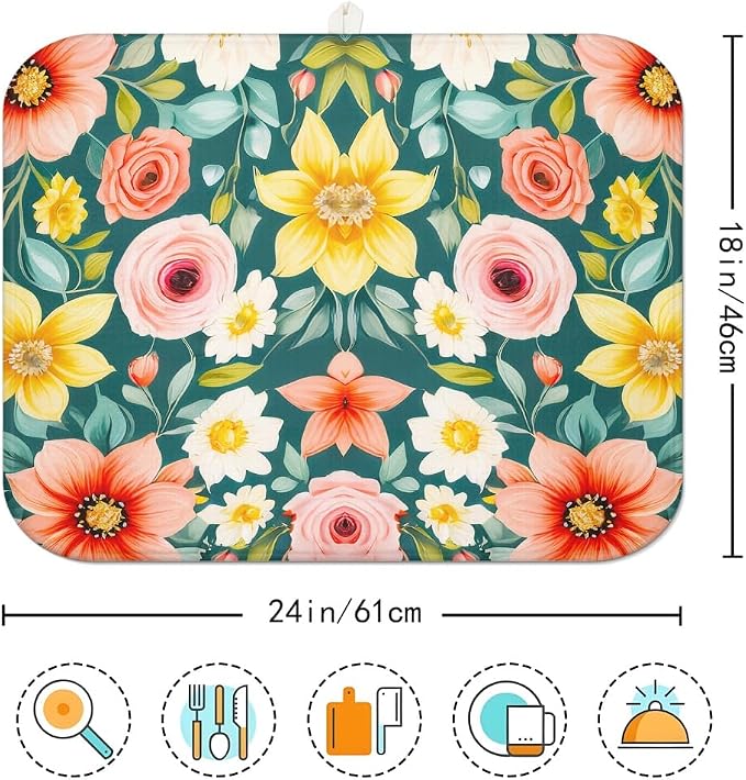 Large Blue Floral Spring Dish Drying Mat - Image 7