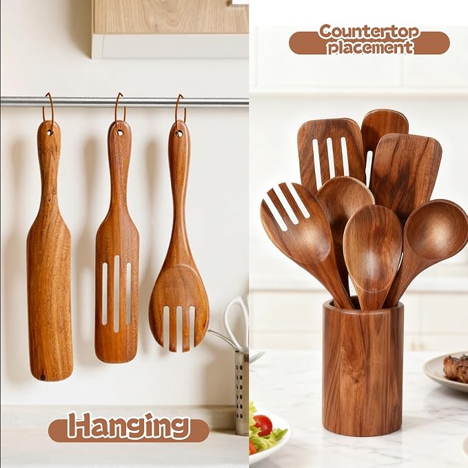 MYRAINBOW Wooden Spoons for Cooking, 10-Piece Teak Wooden Cooking Utensil Set - Image 6