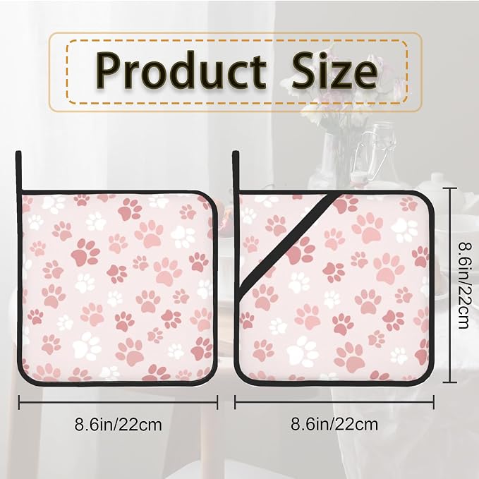 Cute Pink Cat Dog Paw Prints Pot Holder Set of 2, Heat Resistant Potholders - Image 2