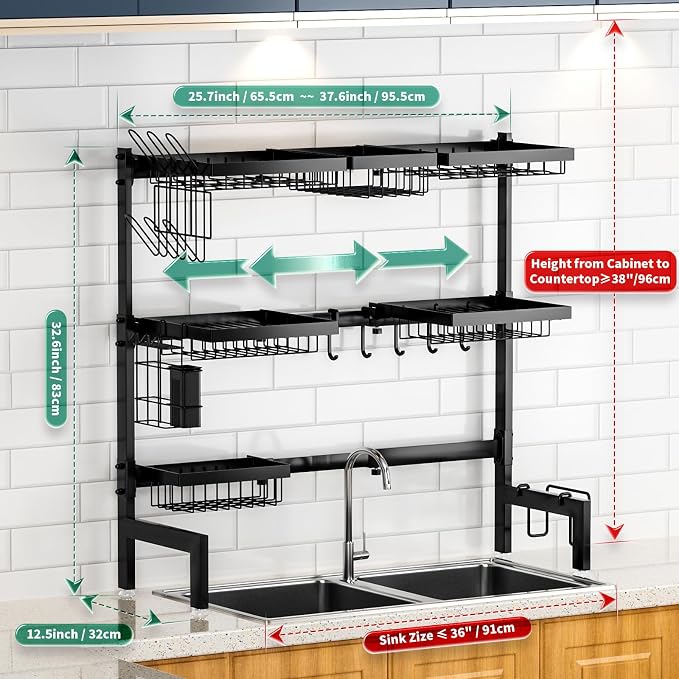 Over The Sink Dish Drying Rack, Expandable Length 3-Tier Large Stainless Steel - Image 7