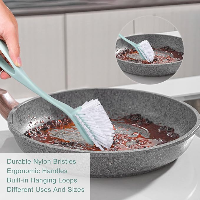 Dish Brush with Handle, Kitchen Dish Scrub Brush Set, 4-Piece Kitchen Cleaning - Image 3
