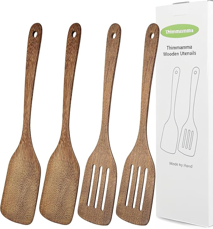 4 Pack Wooden Spatula for Cooking, Non-stick Turner Acacia Wood Spatula for by Thimmamma