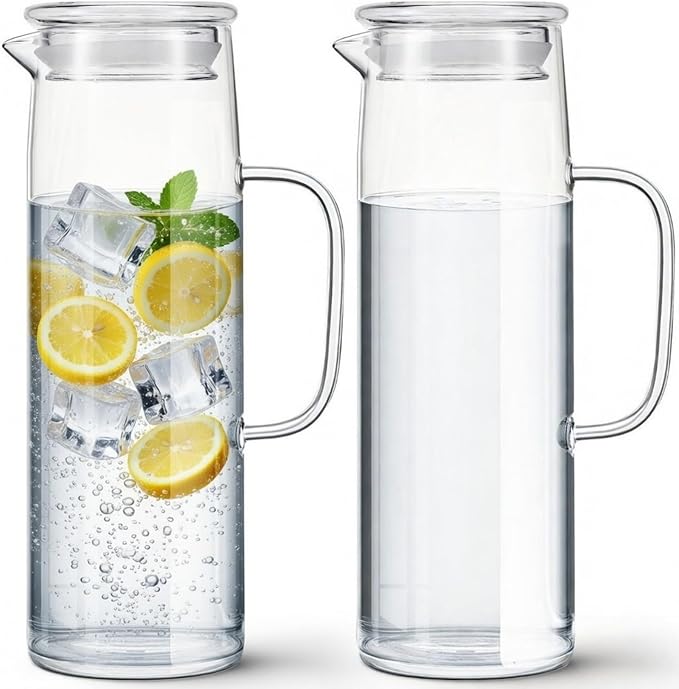 Hsei 2 Sets Glass Pitcher with Lid, 50 oz / 1500 ml Water Carafe with Handles by Hsei