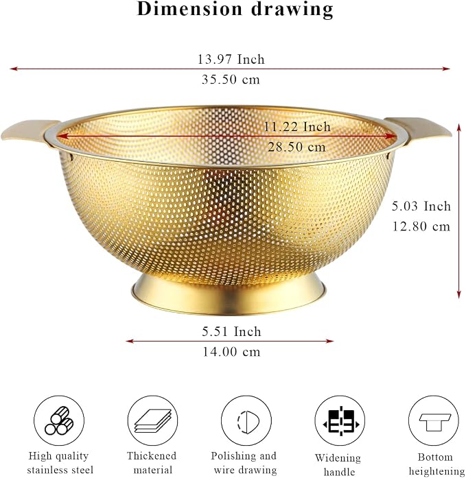 Kyraton Gold Colander 5 Quart, Professional Titanium Gold Plating Stainless - Image 4