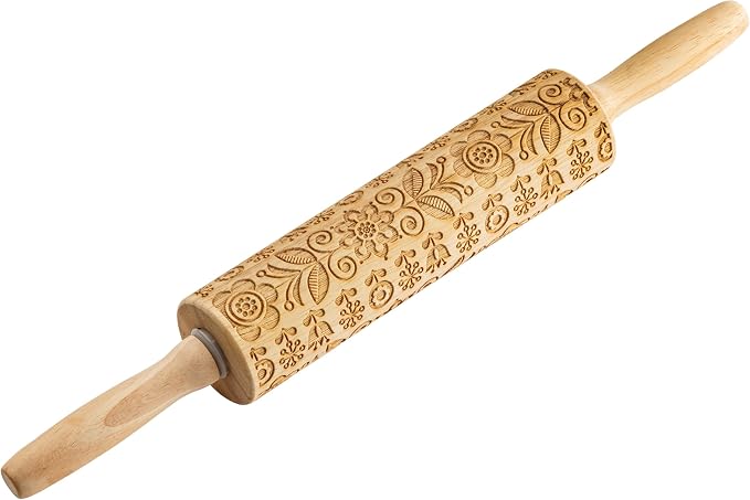 TableCraft Embossed Beech Wood Rolling Pin – 15.25 Inches, Spring Floral Imprint by TableCraft