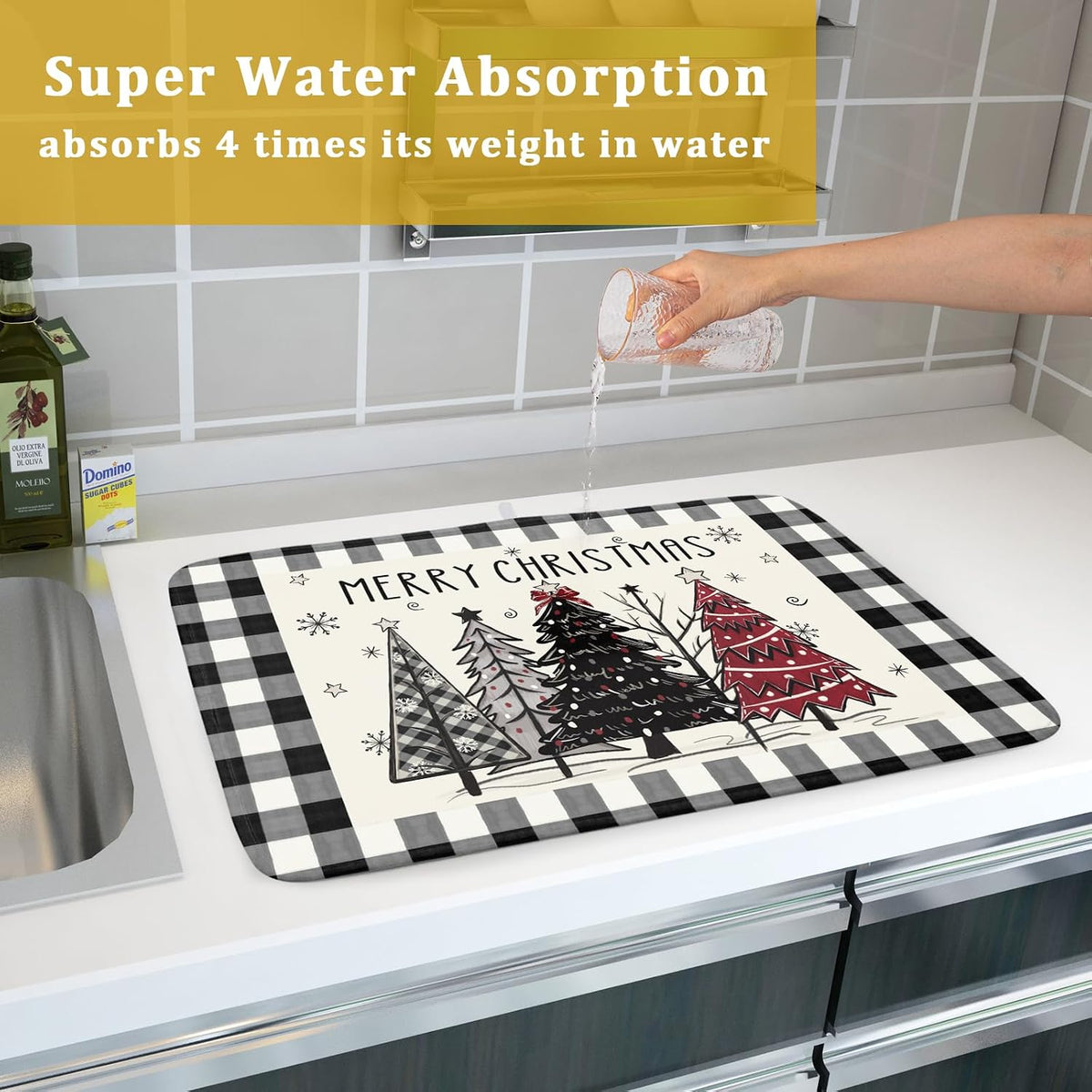 Merry Christmas Tree Dish Drying Mat for Kitchen Counter 18x24 Inch