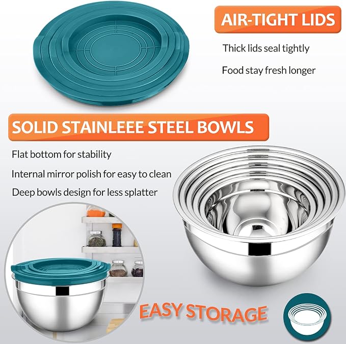 E-far Mixing Bowls with Teal Blue Lids Set of 5, Stainless Steel Mixing Bowls - Image 3