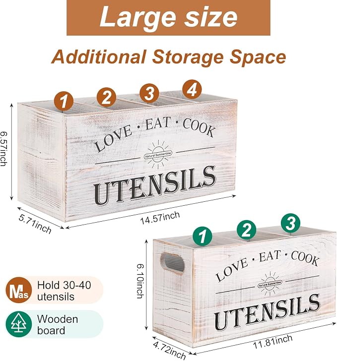 2 PC Wooden Utensil Holder, （With 4-Compartments size*1 + 3-Compartments - Image 2