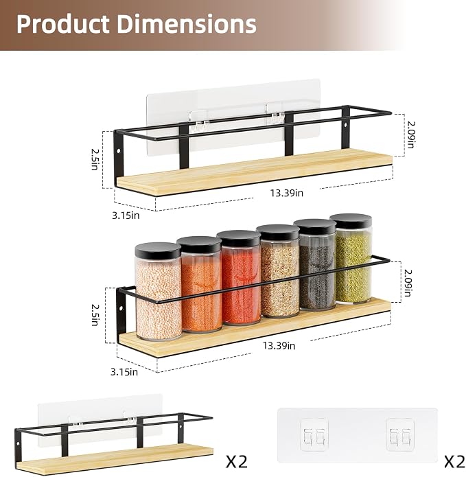 Spice Rack, Self-Adhesive or drilling, Rustic Style Hanging Spice Rack - Image 2