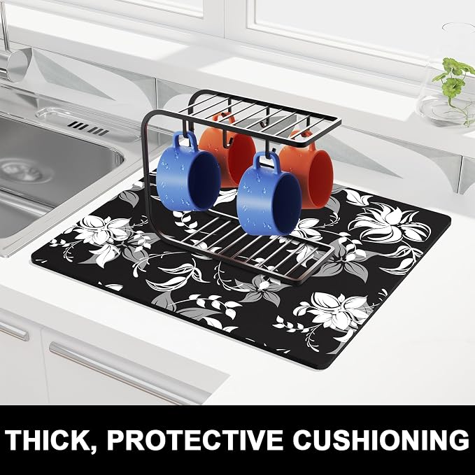 Rnivvi Dish Drying Mat for Kitchen Counter, 16 x 18" Cute Flower Theme - Image 2