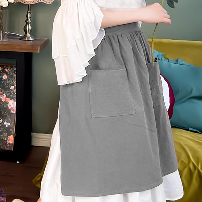Cotton Linen Half Apron for Women Vintage Waist Apron Ruffle Plain Bright Color - Image 4