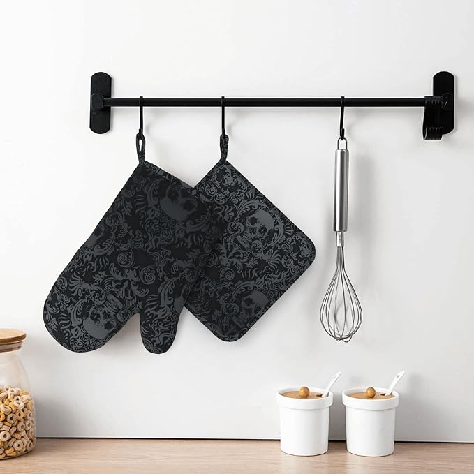 Gothic Skull Oven Mitts and Pot Holders Sets of 4, Resistant Hot Pads - Image 6