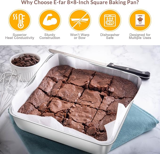 6/8/9-Inch Square Cake Pan Set, E-far Stainless Steel Square Baking Brownie - Image 4