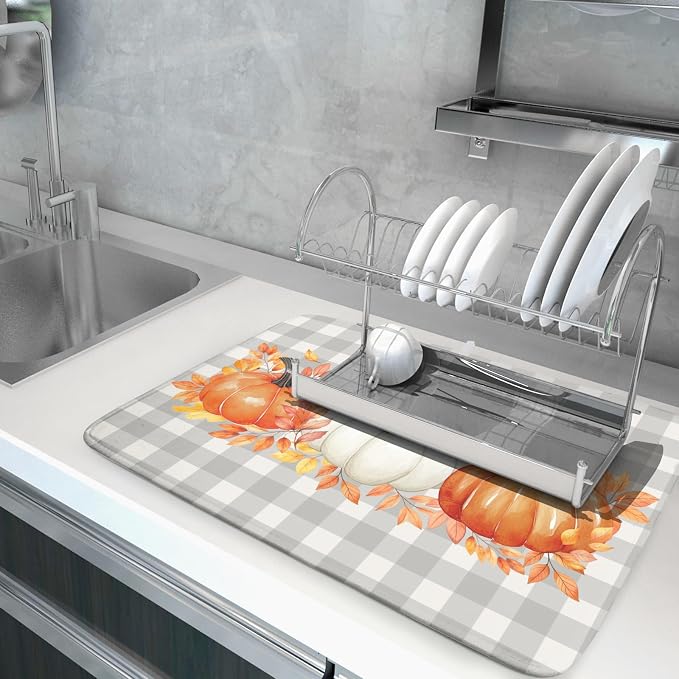 Fall Dish Drying Mat for Kitchen Counter Autumn Orange White Pumpkins Festival - Image 5